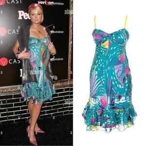 Abstract Ruffle Floral Silk Mini Dress As Seen On Paris Hilton
